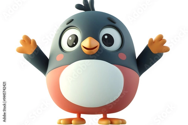 Fototapeta cute cartoon penguin character standing happy with raised hands illustration isolated png transparent cutout