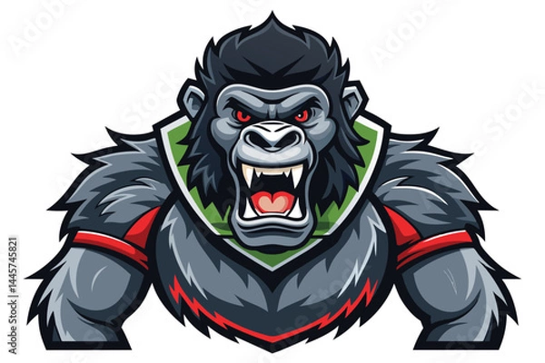 Fototapeta A fierce gorilla mascot showcases a powerful presence with a roaring expression, muscular features, and vivid colors, perfect for branding or team spirit.