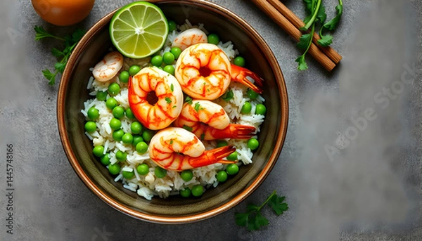 Obraz Shrimp Rice Bowl with Green Peas and Lime