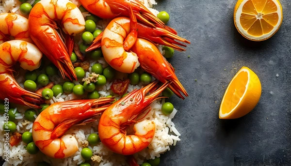 Obraz Appealing Shrimp Dish on Rice with Peas and Lemon
