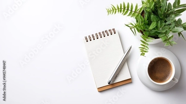 Fototapeta Cozy morning, coffee cup and notebook on a white table, setting the stage for productivity