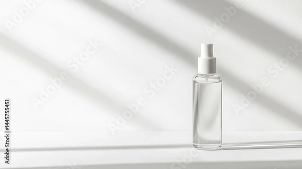 Fototapeta Minimalist clear glass bottle with a white pump stands on a white surface with light and shadow.