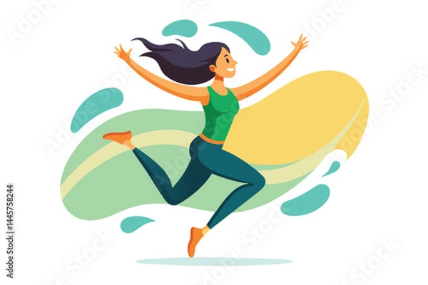 Fototapeta A woman with long hair happily runs forward, radiating enthusiasm against a vibrant, abstract background that conveys movement and positivity.