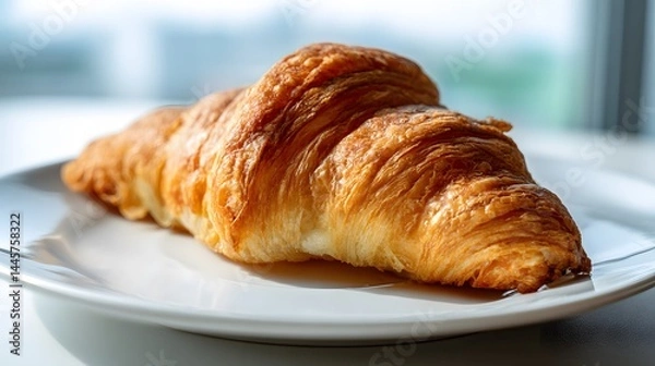 Obraz A single croissant on a white plate in soft light showcasing flaky layers and golden brown color