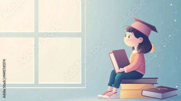 Obraz Girl reading book by window on stack of books perfect for education inspiration or study motivation designs