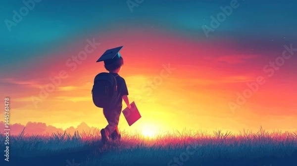 Obraz Silhouette graduate standing in field at sunrise perfect for future career growth or inspirational posters