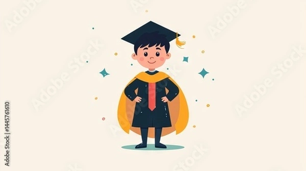 Obraz Smiling child in graduation cap and gown on beige background perfect for academic celebration graphics