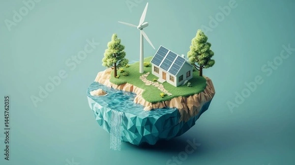 Obraz Futuristic floating eco island with solar panels and wind turbine perfect for sustainable city concepts
