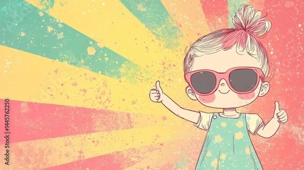 Obraz Toddler in sunglasses giving thumbs up on retro pastel burst perfect for children party invites or social media art