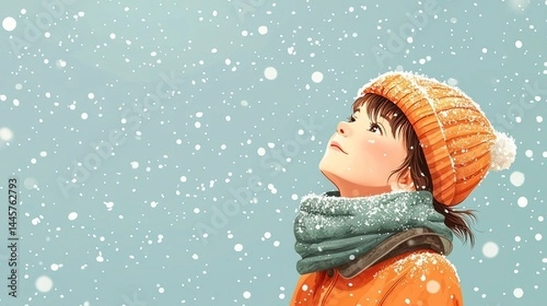 Obraz Child in winter coat and knit cap looking up at falling snow perfect for winter season or holiday greetings