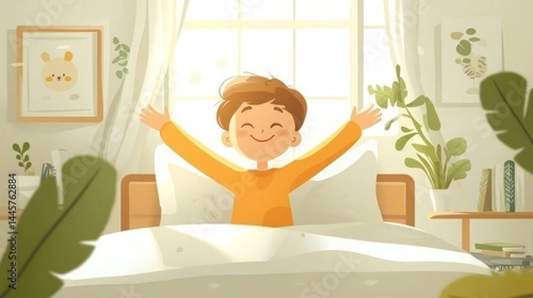 Obraz Happy boy stretching in bed in sunlit bedroom perfect for morning routine or wake-up time marketing visuals