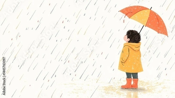 Obraz Child in yellow raincoat holding umbrella in rainfall perfect for weather theme or children story art