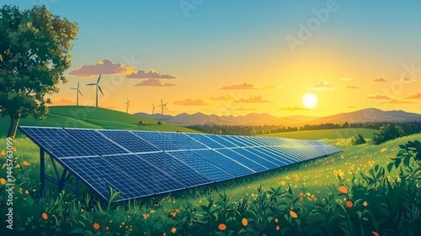 Obraz Solar panel array in grassy field at sunrise perfect for renewable energy promotions or solar power marketing