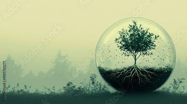 Obraz Tree encased in glass terrarium orb floating over misty forest perfect for environmental protection concepts
