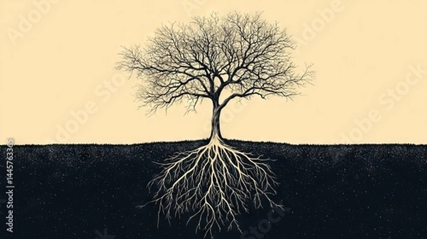 Obraz Bare tree silhouette with exposed roots on beige background perfect for growth concept or conservation designs