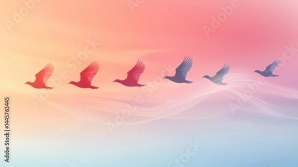 Obraz Flock of birds flying over pastel gradient sky perfect for freedom concept or serene background designs
