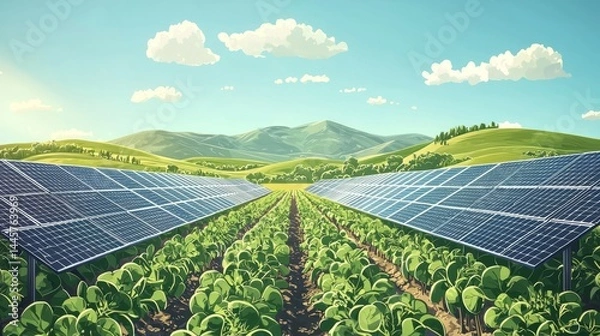 Obraz Rows of solar panels stretching over fertile farmland at sunrise perfect for solar energy marketing or agrivoltaic concepts