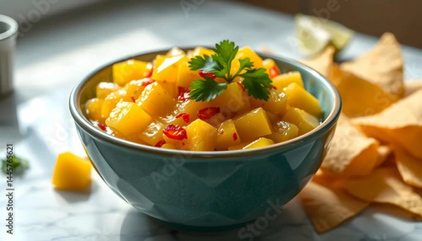 Fototapeta Colorful Mango Salsa with Red Chili and Fresh Cilantro Garnish in a Bowl on a Marble Surface