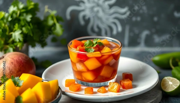 Fototapeta Fresh Fruit Salad with Mango and Apple Chunks Garnished with Cilantro on a Dark Wooden Table