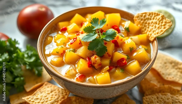Fototapeta Fresh Mango Salsa In A Bowl Garnished With Cilantro And Served With Tortilla Chips