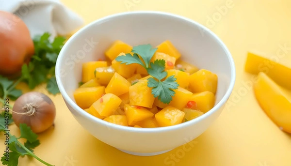 Fototapeta Fresh Mango Salsa in White Bowl with Chopped Onions and Cilantro on Yellow Background
