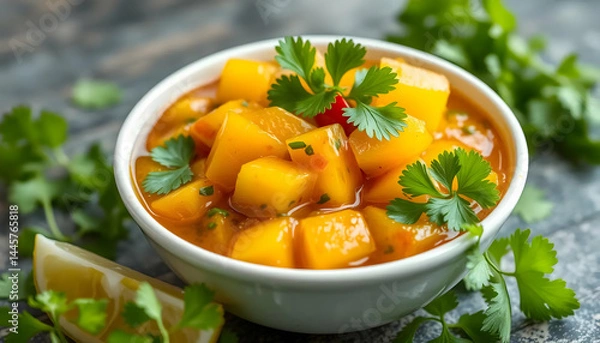 Fototapeta Fresh Mango Salsa in White Bowl Garnished with Cilantro and Lime on Wooden Table