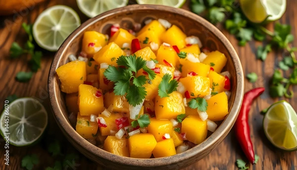 Fototapeta Fresh Mango Salsa with Chopped Onions and Red Peppers in a Rustic Bowl on Wooden Table