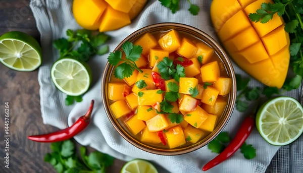 Fototapeta Colorful Mango Salsa with Chopped Cilantro and Red Chili Peppers on a Wooden Table