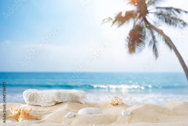 Fototapeta Sea shells and stone podium on beautiful blurred tropical summer sand beach background