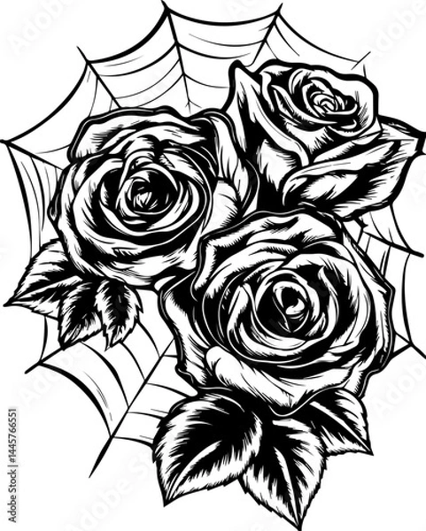 Fototapeta Dark floral gothic vibe in SVG vector style.Black and White Rose Illustration with Spider Web Detail