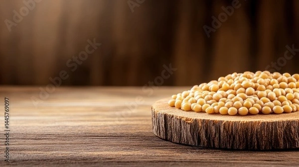 Fototapeta A close-up of paddy seeds placed neatly on a rustic wooden surface, showcasing their natural texture and rich golden color.