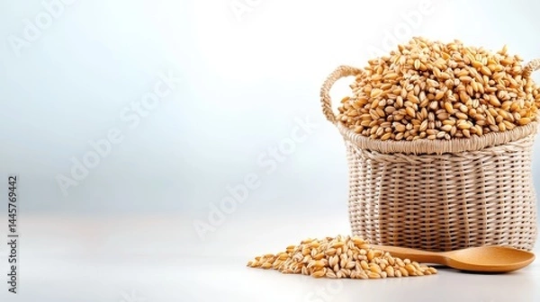 Fototapeta A close-up shot of a woven bag overflowing with barley grains, with a wooden spoon beside it, placed on a smooth, neutral surface.