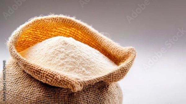 Fototapeta A close-up shot of freshly milled wheat flour in a burlap sack, with the sack opened to reveal the fine powder inside.