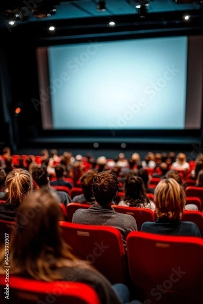 Fototapeta Red chairs fill the cinema, creating a vibrant atmosphere despite the empty screen.