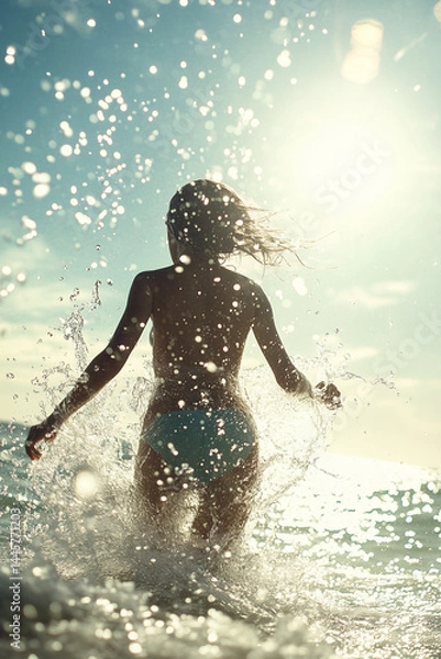 Fototapeta Carefree woman enjoying summer, running into the ocean at sunset. Splashing water, freedom and vacation vibes captured in a vibrant beach scene