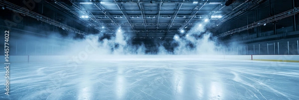 Fototapeta Empty ice hockey arena with dramatic lighting and fog effect, showcasing a cinematic, cold atmosphere and glossy textured ice surface. Winter and sports background.