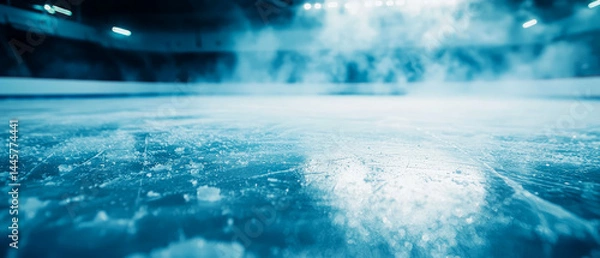 Fototapeta Empty ice hockey arena with dramatic lighting and fog effect, showcasing a cinematic, cold atmosphere and glossy textured ice surface. Winter and sports background.
