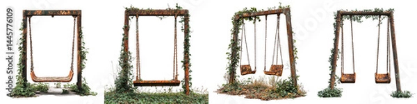Obraz Rustic swings covered with green vines and foliage on transparent background
