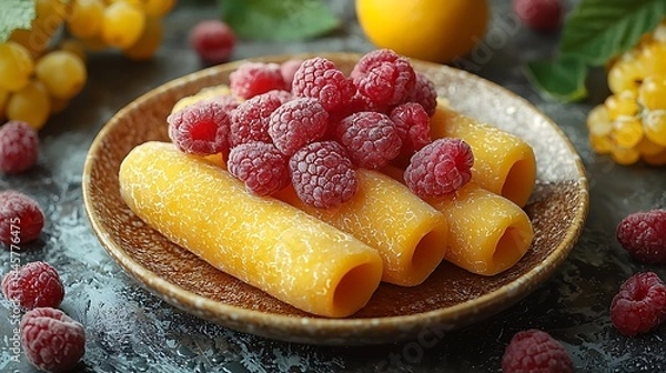 Obraz Vibrant plate of cheese rolls topped with fresh raspberries, set on a textured surface with fruits