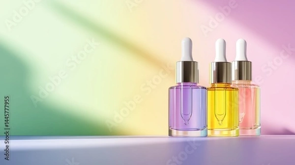 Fototapeta Skincare essentials in bright dropper bottles pop against a soft, muted pastel surface.