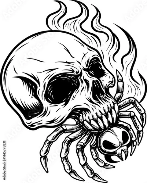 Fototapeta Haunting dark fantasy skull fillers in SVG vector style. Skull and Spider Design with Flames in Black and White Illustration
