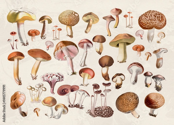 Obraz Mushroom collection  in soft colors on a textured beige background.