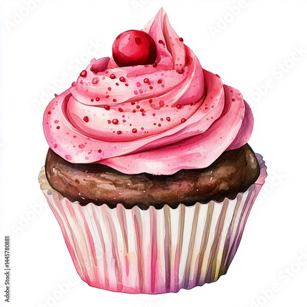 Obraz Watercolor cupcake with fresh berries: strawberry, cherry, raspberry, blueberry. Watercolor cupcake with cream. Bakery menu. Cafe poster. Hand-drawn watercolor illustration. Hand-painted watercolor. 