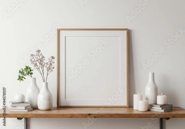 Fototapeta Framed blank print with vases candles and books on a wooden shelf against wall