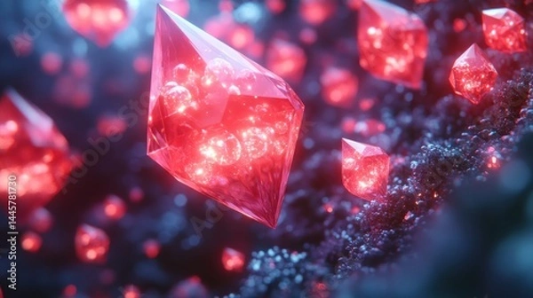 Fototapeta Glowing Red Crystals Floating in a Dark Background with Sparkles and Abstract Dust Particles