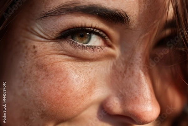 Obraz A close-up portrait of a woman's eye and freckled face, a moment of natural beauty.