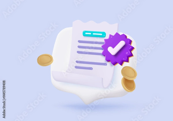 Fototapeta 3D bill icon for payment transaction with notice. paper receipt for shopping offer in store. Business invoice bill expenses idea concept. 3d invoice list icon vector render illustration