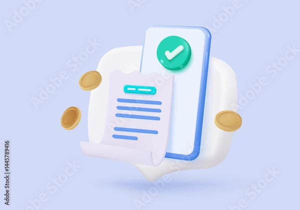 Fototapeta 3D bill icon for payment transaction with notice. paper receipt for shopping offer in store. Business invoice bill expenses idea concept. 3d invoice list icon vector render illustration