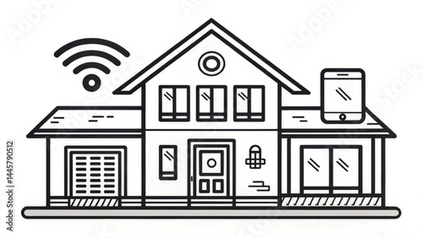 Fototapeta Smart home illustration featuring house with connected devices, including smartphone and Wi Fi symbol, representing modern technology and automation