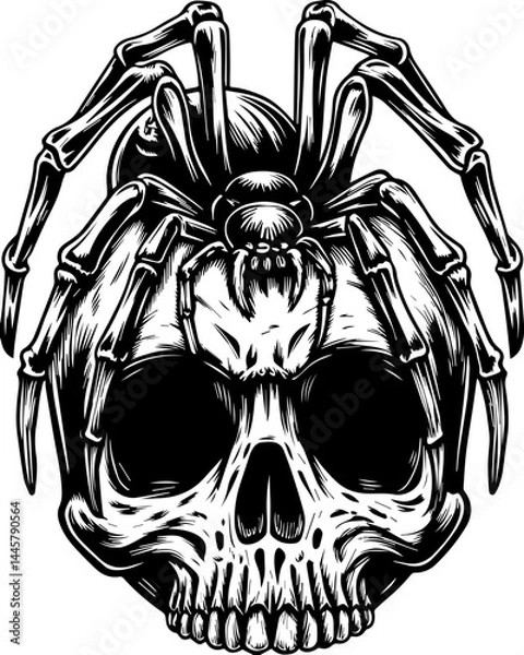 Fototapeta SVG vector of dark fantasy skull with spider and web elements. Elegant Skull and Spider Illustration in Black and White Style